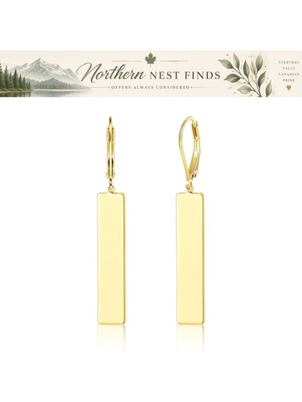Sterling Silver Dangle Drop Earrings 14K Gold Plated French Leverback Long Bar